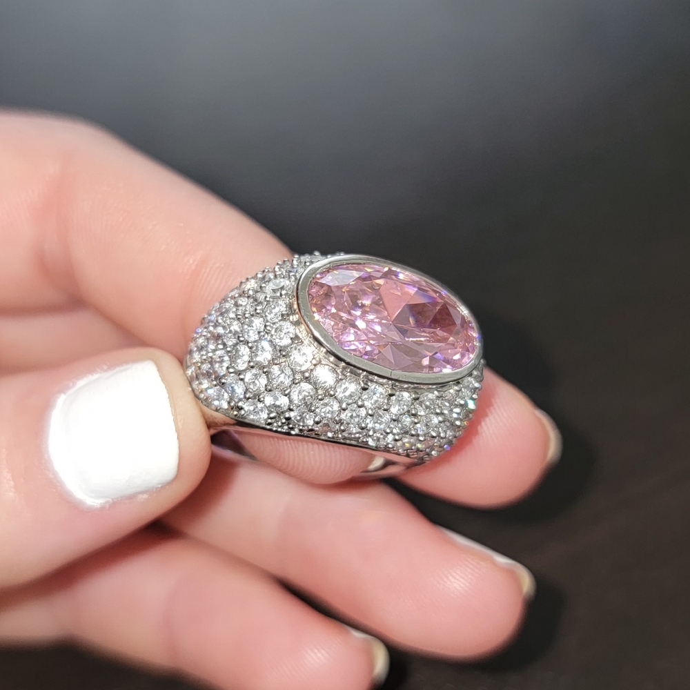 Large Oval Lab Created Pink Sapphire 925 Sterling Silver Ring Size 7